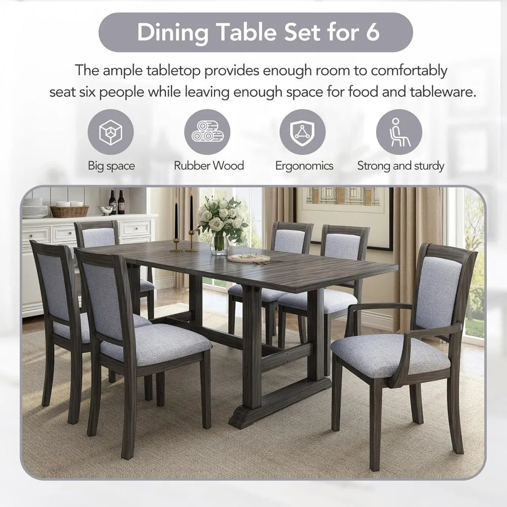 7-Piece Dining Table Set, updated Trestle Table with Removable Leaf