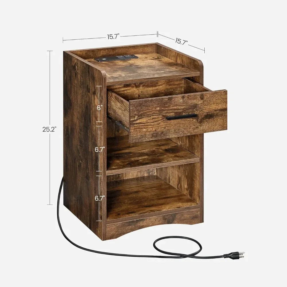 Plug-in Series Nightstand  Bedroom Bedside Tables  With USB Ports and Outlets Rustic Brown