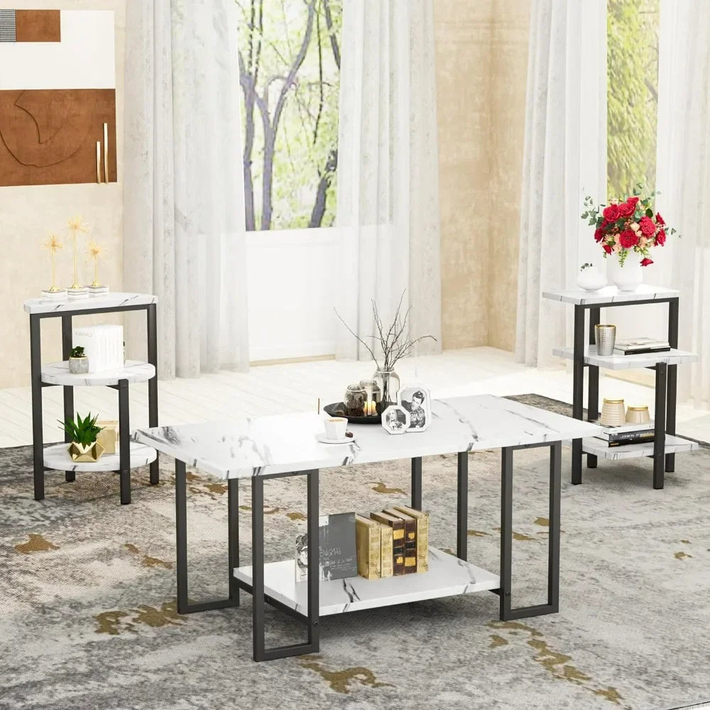 Coffee Table & 2 Side Table, Faux Marble Tabletop and Metal Frame, 3 Piece Table Set