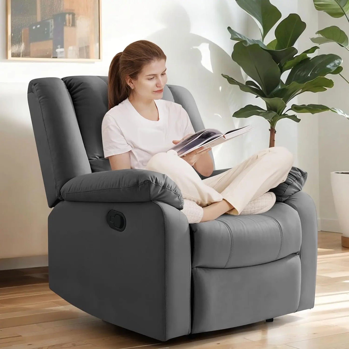 Manual Recliner Chair for Adults, Waterproof Leather Reclining Chairs for Small Spaces