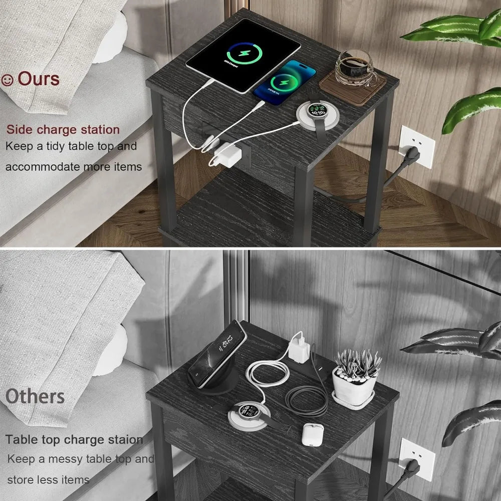 2 Piece Side Table Set with Charging Station, with USB Port