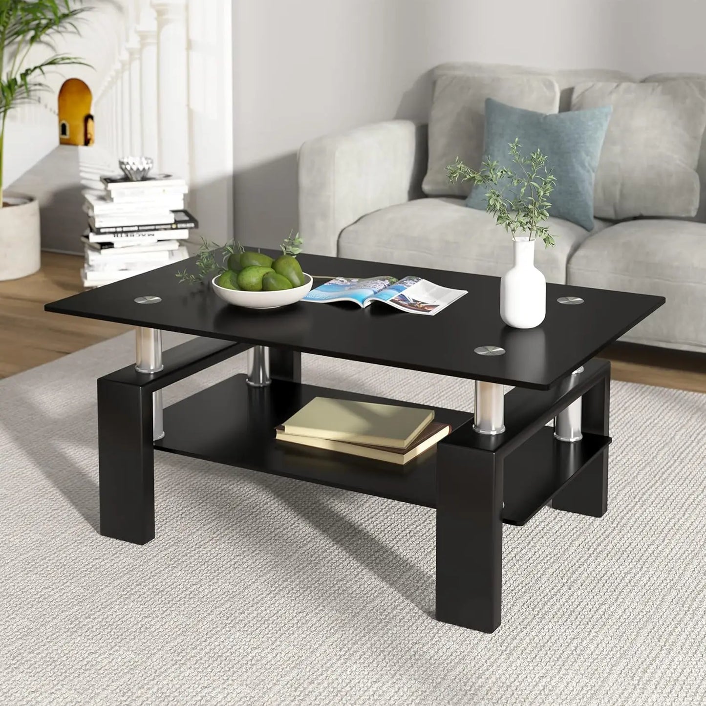 Rectangle Glass Coffee Table 2-Tier Tea Table Modern