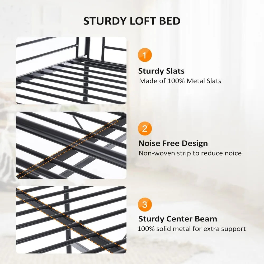 Loft Bed Full Size with Flat Rungs  No Box Spring Required, Heavy Duty Metal Slat Support