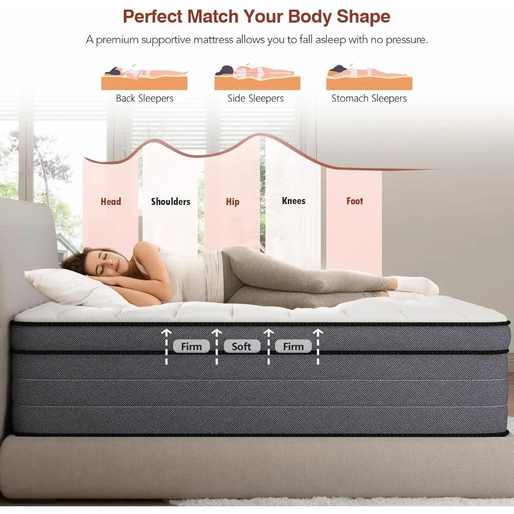 Full Size Mattress, 12 Inch Hybrid Mattress, with Gel Memory Foam and Pocketed Springs,  Plush Feel