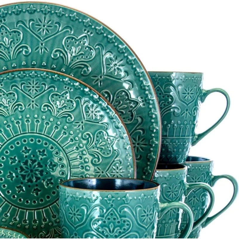 Round Stoneware Embossed Dinnerware Set, 16 Piece, Sea Blue with Brown Trim,Ocean Teal and Green