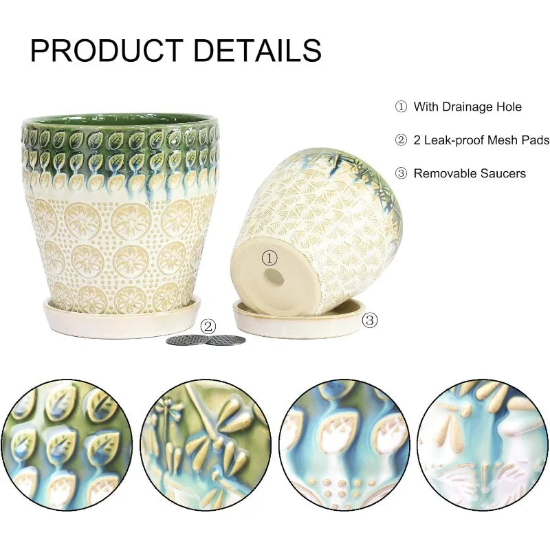 Ceramic Planter Pots  8Inch + 6 Inch Plant Pot with Drainage Holes, Saucers and Mesh Pads