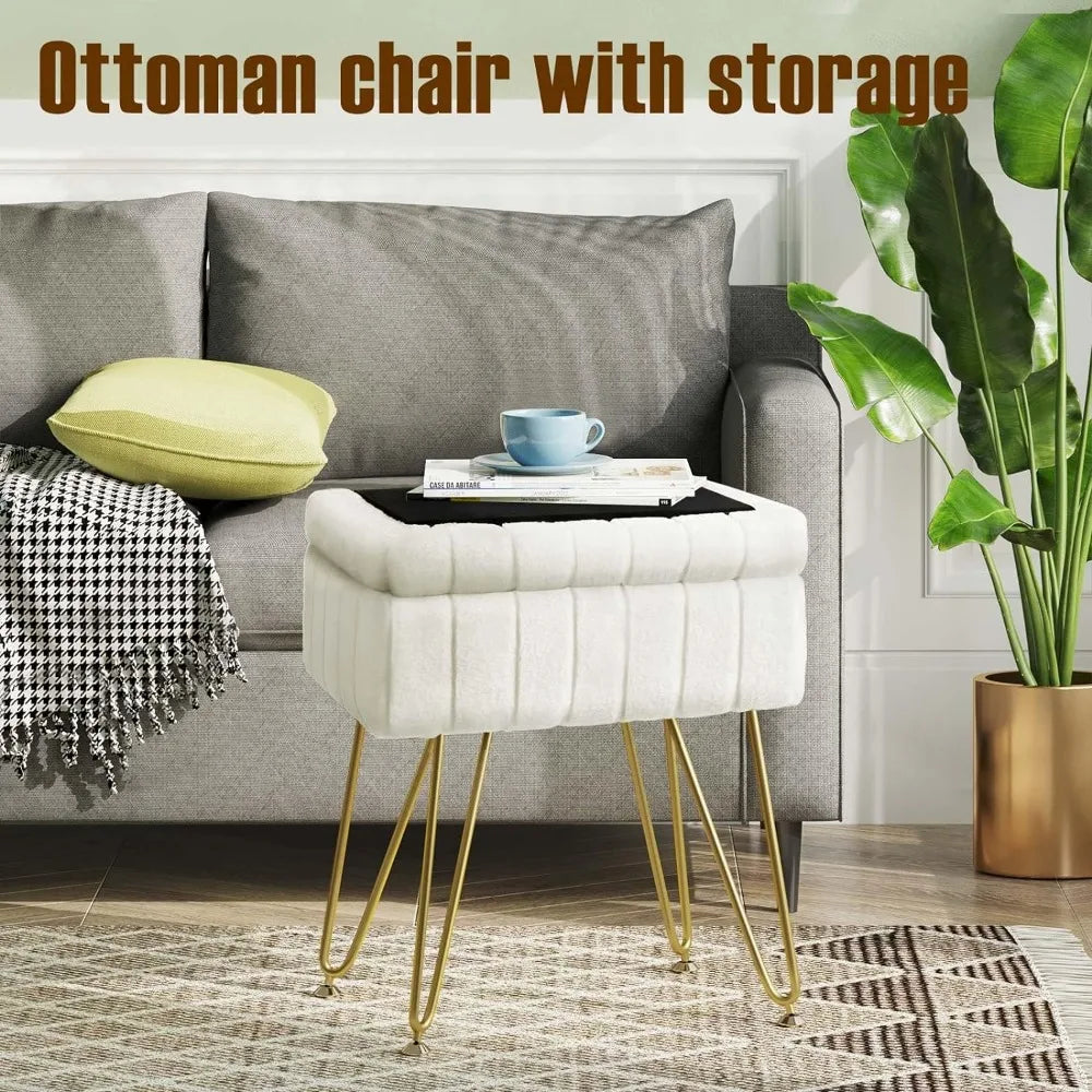 Vanity Stool Chair with Storage, Soft Ottoman 4 Metal Legs with Anti-Slip Feet