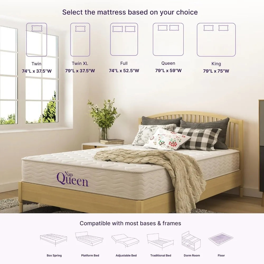 NapQueen 8 Inch Innerspring Queen Size Medium Firm Memory Foam Mattress, Bed in a Box,White