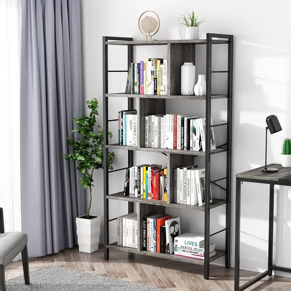 5 Tier Tall Modern Bookcase Wood Metal Frame Standing Book Shelf