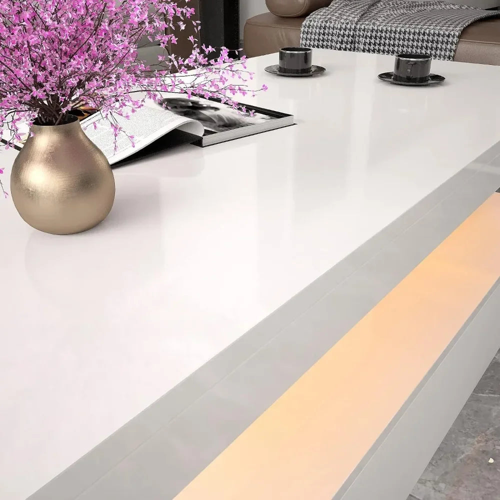 White Rectangular Coffee Table With Remote Control High Gloss  and RGB LED Light