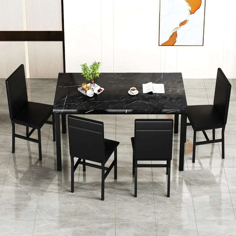 Black Kitchen Table and Chairs for 4, Compact Furniture Faux Marble Table