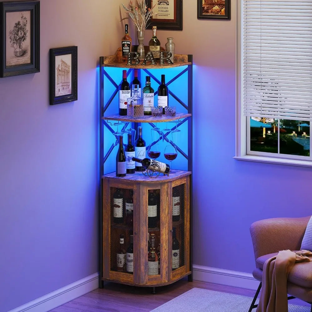 Corner Bar Wine Cabinet with  Glass Holder & LED Lights