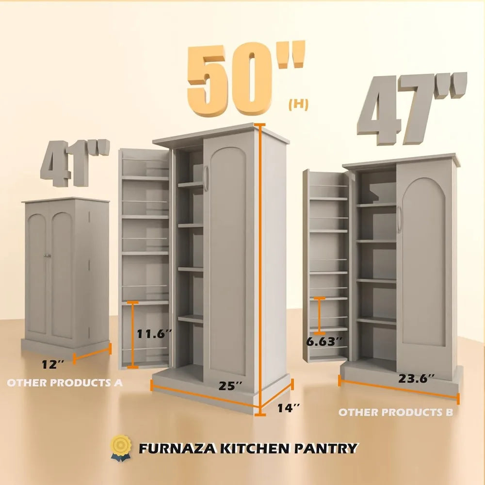 LED Kitchen Pantry Storage Cabinets, 50 Inch FreeStanding, 2 Doors and Shelves Adjustable