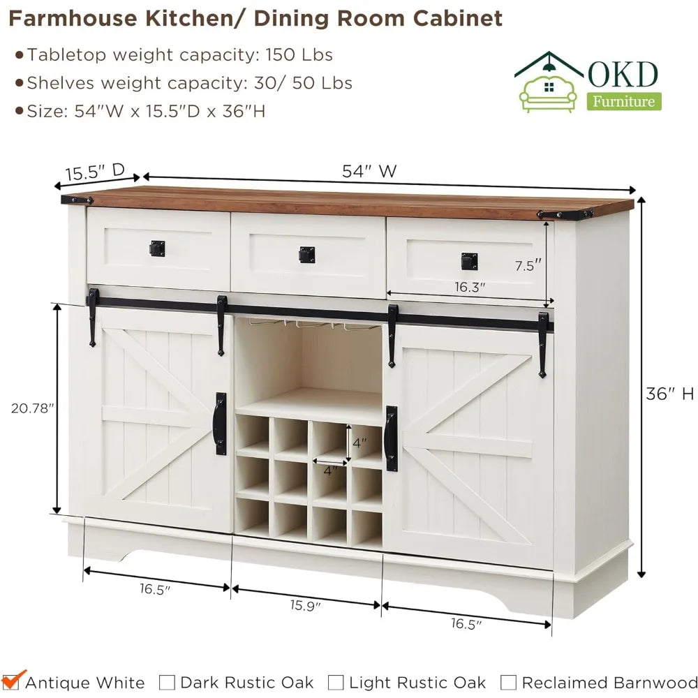 54"  Farmhouse Buffet Cabinet with Storage, Sliding Barn Door, 3 Drawers