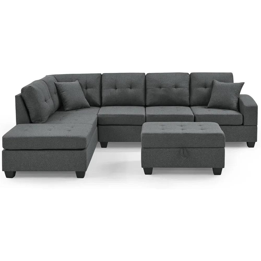 Living Room Sofa Set , L Shape Modular Storage Ottoman & Chaise, Cup Holder