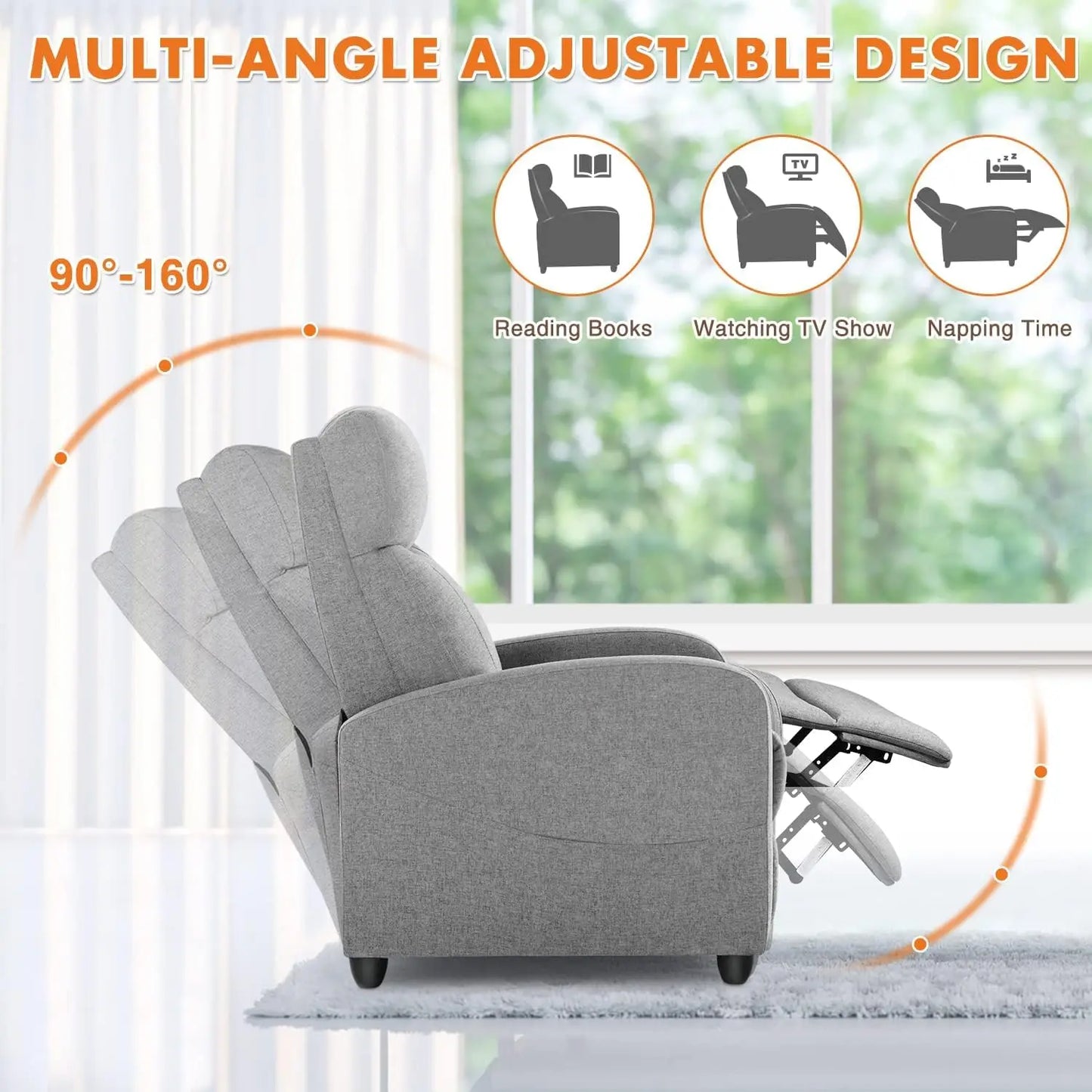 Recliner Chair for Adults, Massage Fabric  with Lumbar Support, Adjustable Modern Chair