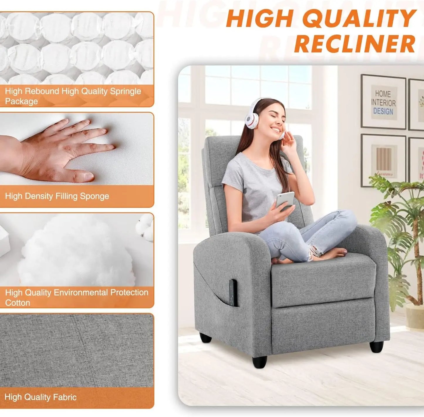 Recliner Chair for Adults, Massage Fabric  with Lumbar Support, Adjustable Modern Chair