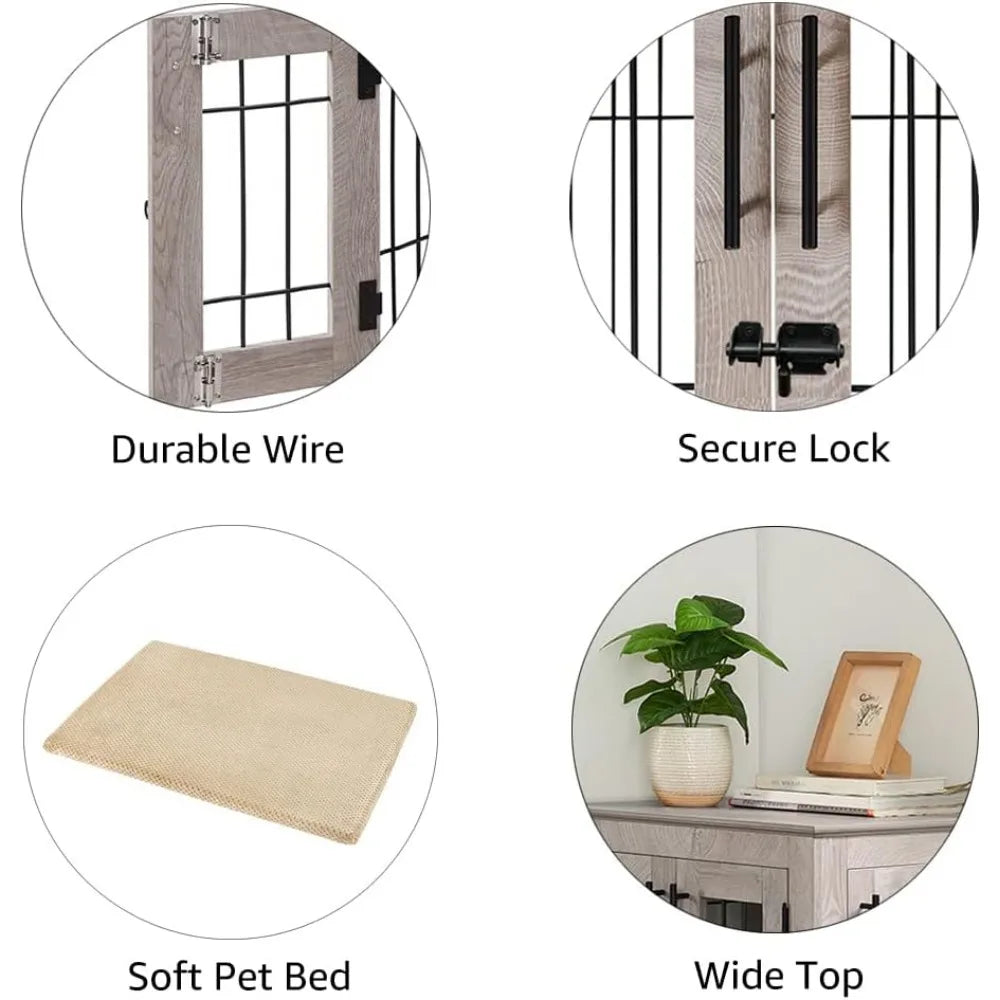 Furniture Style Dog Crate End Table, Double Doors Wooden Wire Dog Kennel with Pet Bed