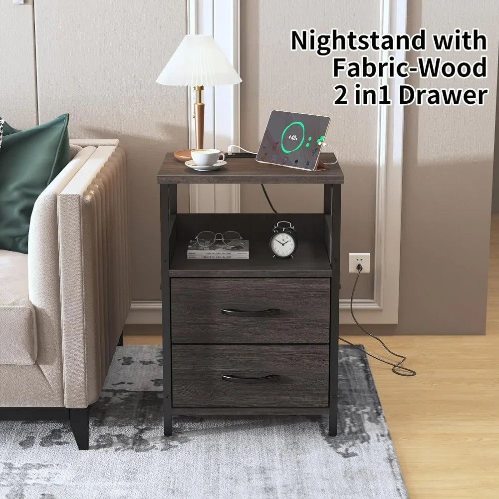 Nightstand with Charging Station,  Fabric-Wood 2-in-1 Drawer, USB Ports