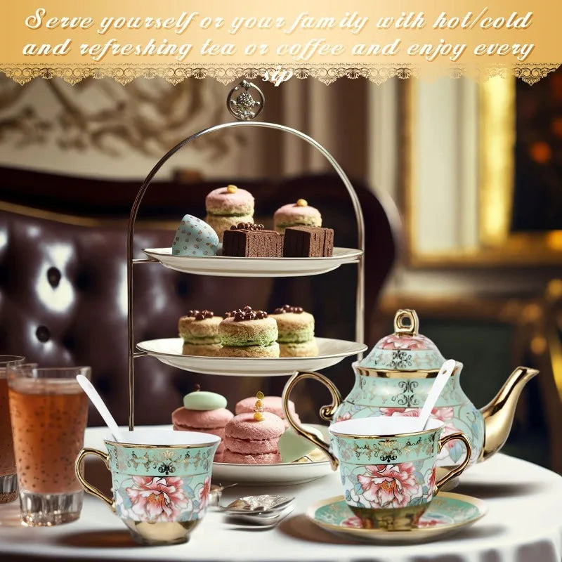 20 Pcs Porcelain Tea Set with Metal Holder European Ceramic Tea Set Cups Saucer Service for 6