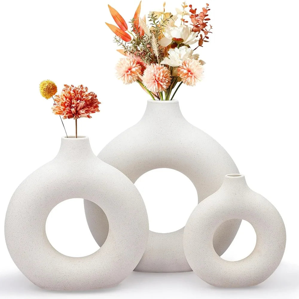 White Ceramic Vase - Modern Vase for Minimalist Decor, (3pcs)