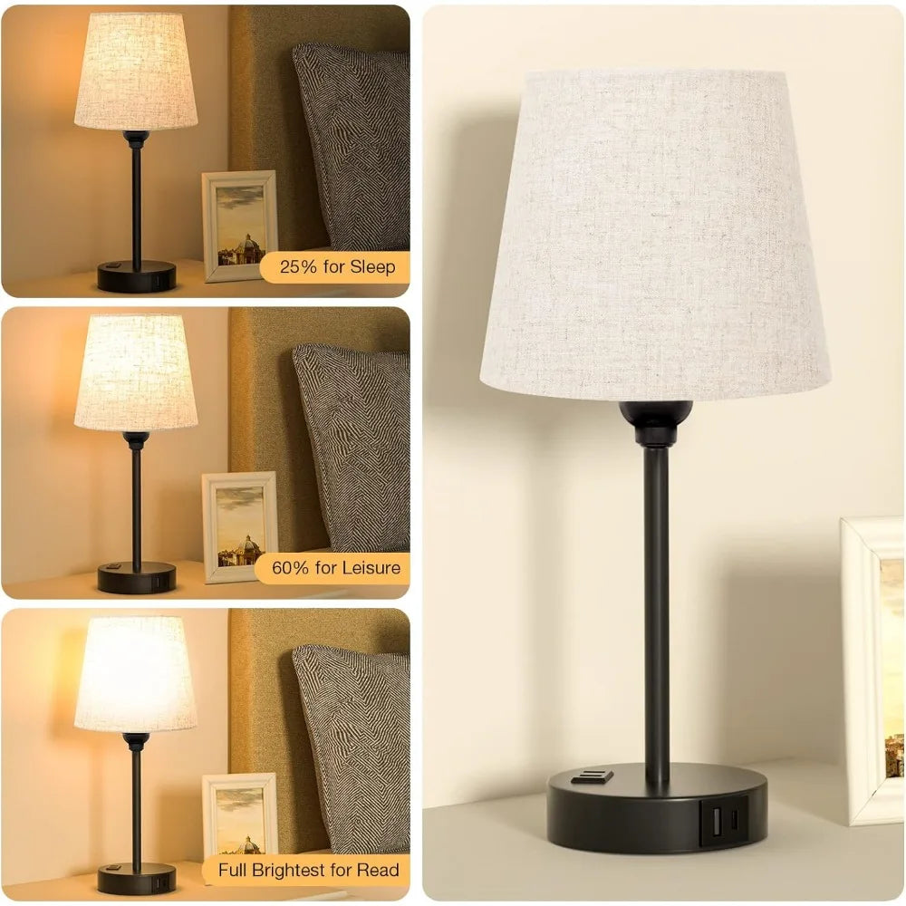 Bedside Table Lamps for Bedrooms Set of 2  with USB C Port and AC Outlet Charging, Dimmable Touch