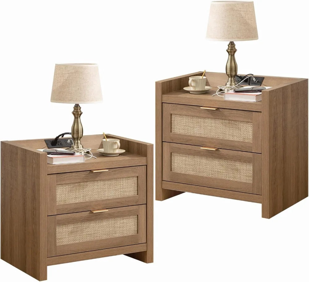 Set of 2 Rattan Nightstands with Type-C Charging Station & 2 Rattan Drawers Boho Bed Side End Table