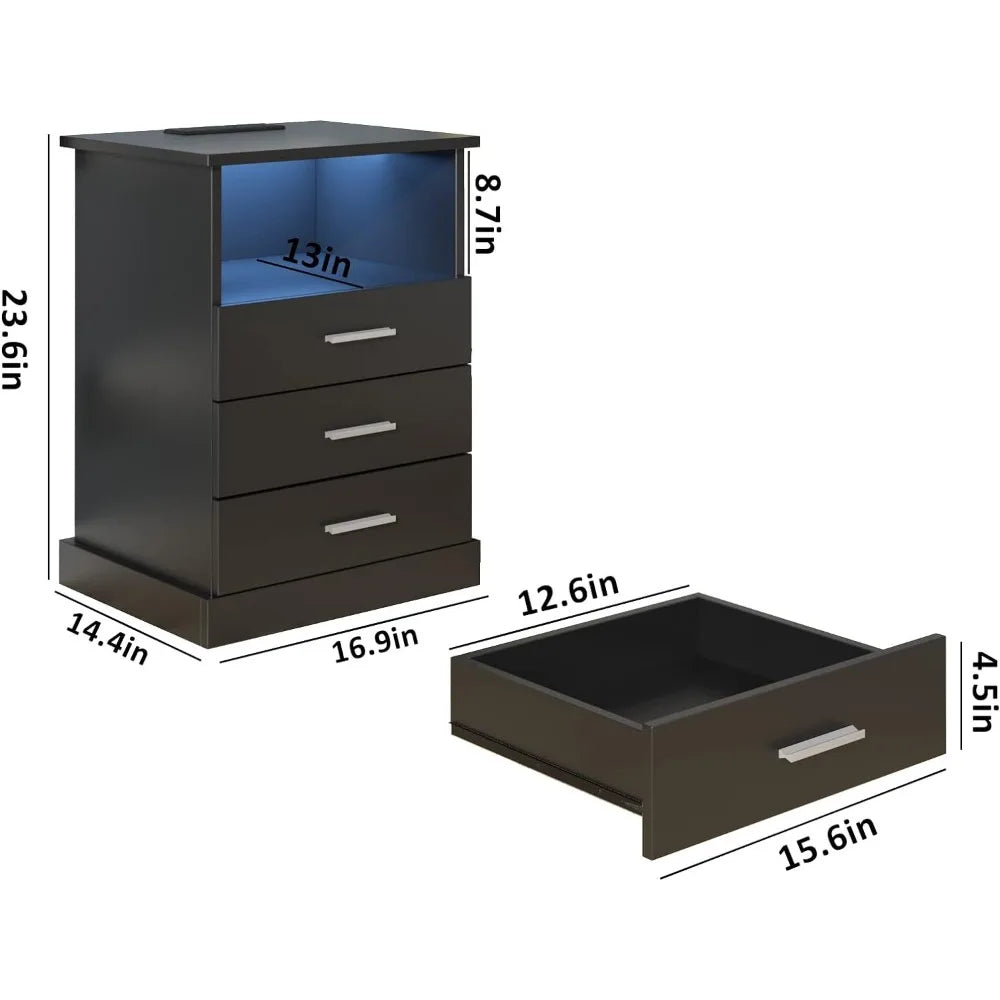 LED Nightstand with Charging Station, Side Table with 3 Drawers