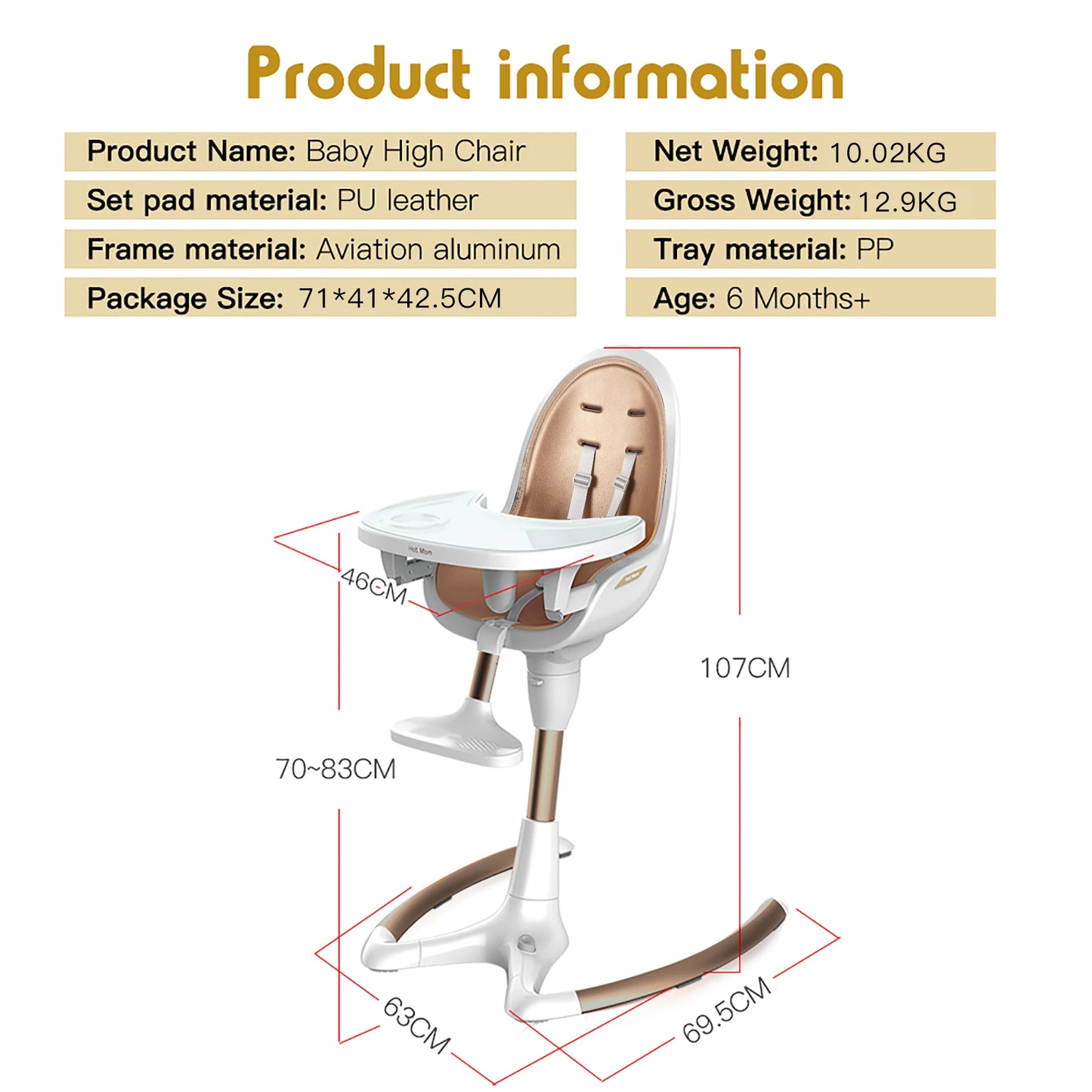 Hot Mom Baby High Chair With Adjustable Seat Height, Eating Chair with Foot Rest, Removable Tray