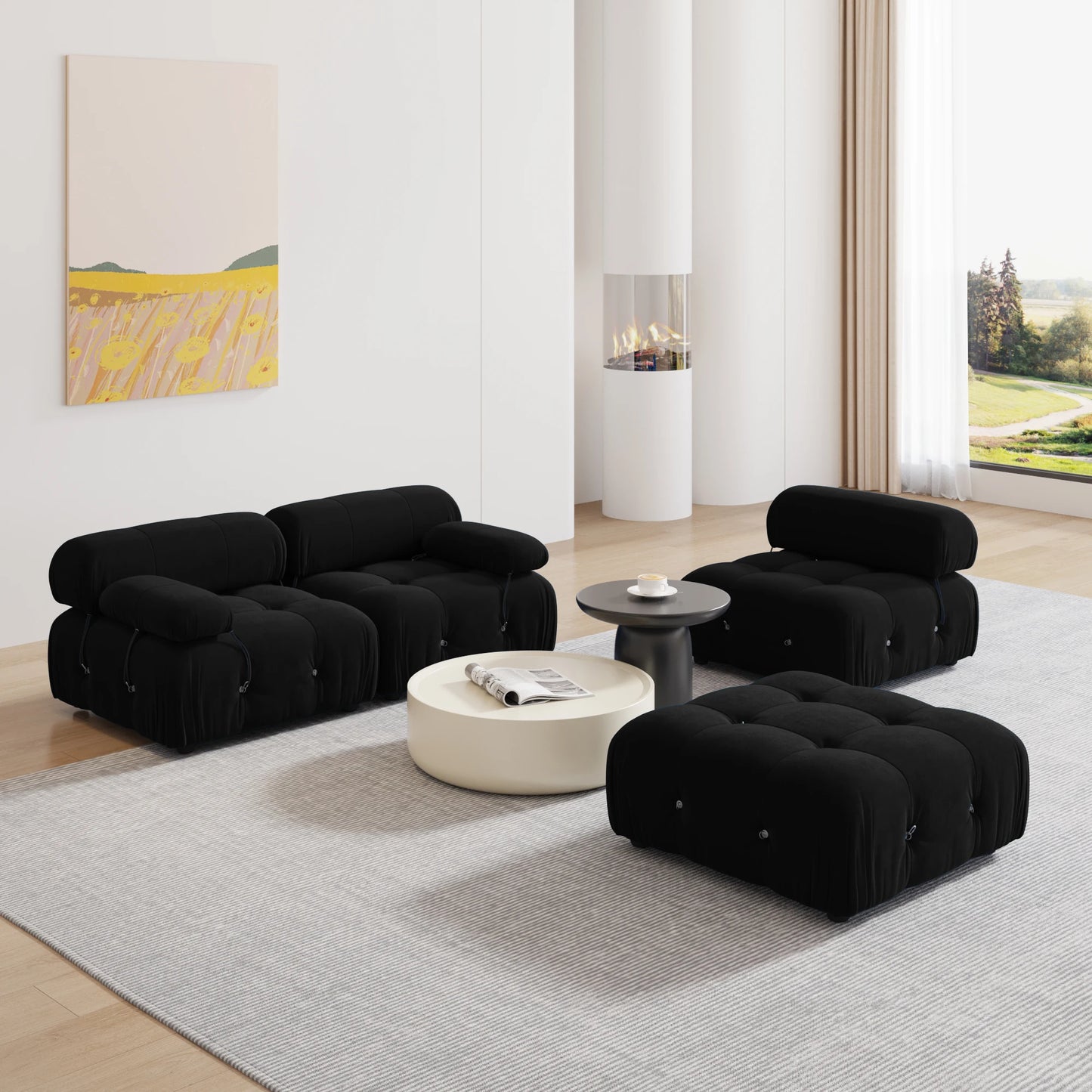 Minimalist Sectional Sofa for Living Room Black Velvet Fabric Modular Couches with Ottomans