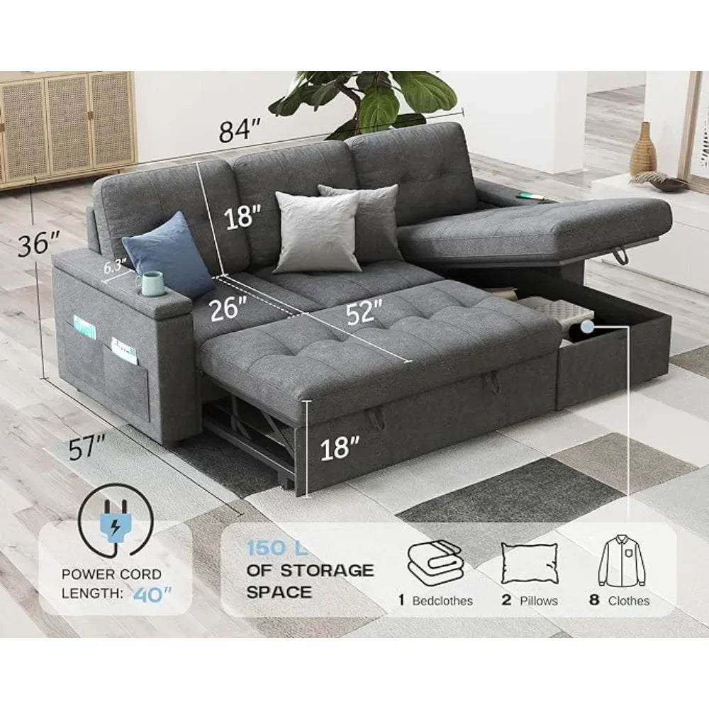 Living Room Sofas, Sleeper Sofa Bed with Adjustment Backrest, Pull Out Couch with Ottoman