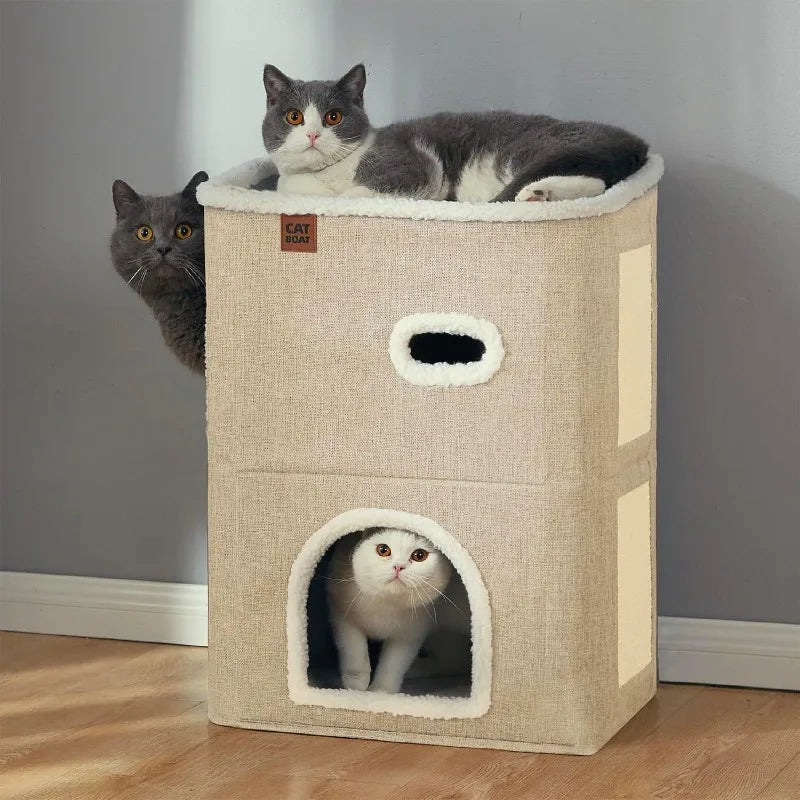 2-Story Cat House for Indoor Cats with Scratch Pad and Hideaway Cave, Cute Modern Cat Condo