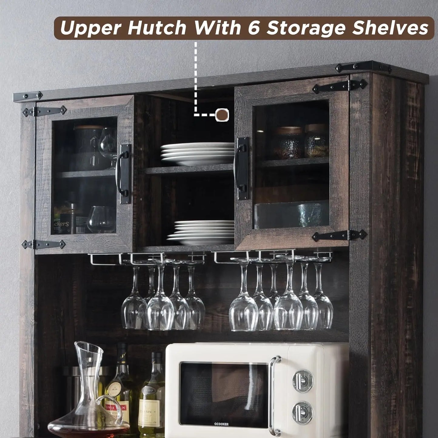 72" Farmhosue Bar Cabinet w/Sliding Barn Door, Wine & Glasses Rack, 3 Drawers, 12 Storage Shelves