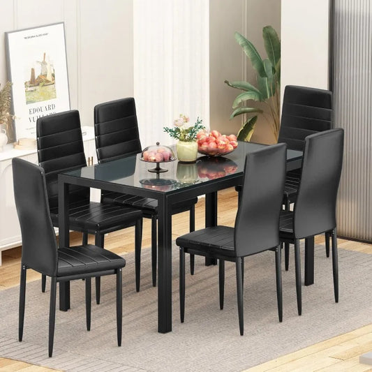 7 Piece Kitchen 6 Person, Tempered Glass Table and PU Leather Chairs  Small Space, Dining Table Set