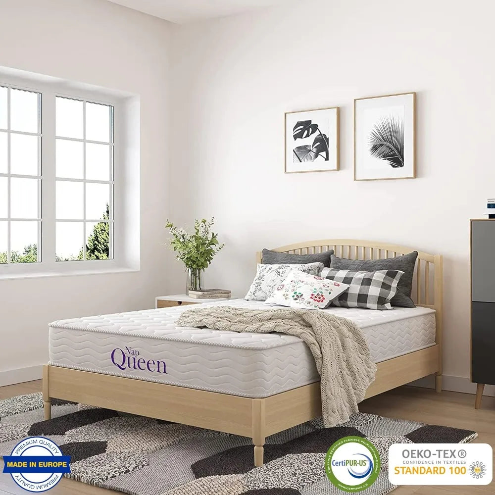 NapQueen 8 Inch Innerspring Queen Size Medium Firm Memory Foam Mattress, Bed in a Box,White