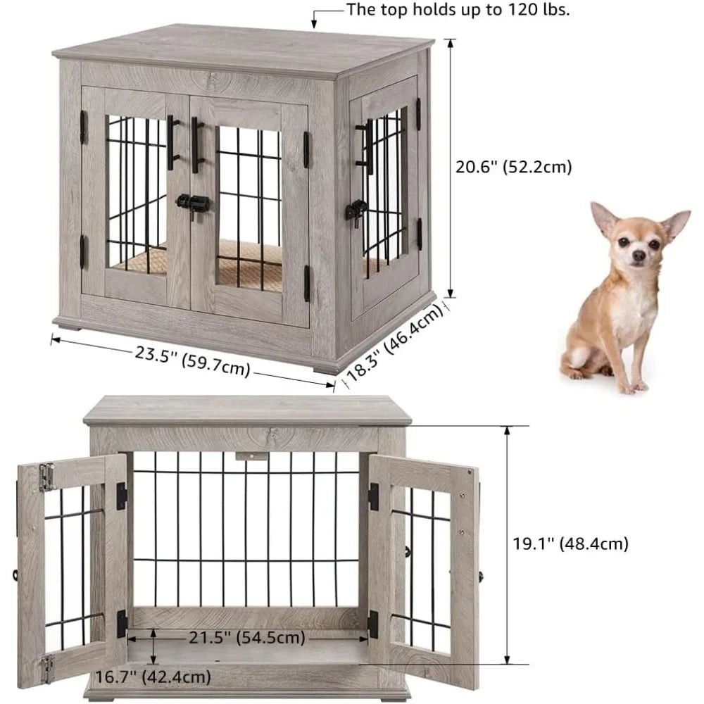 Furniture Style Dog Crate End Table, Double Doors Wooden Wire Dog Kennel with Pet Bed