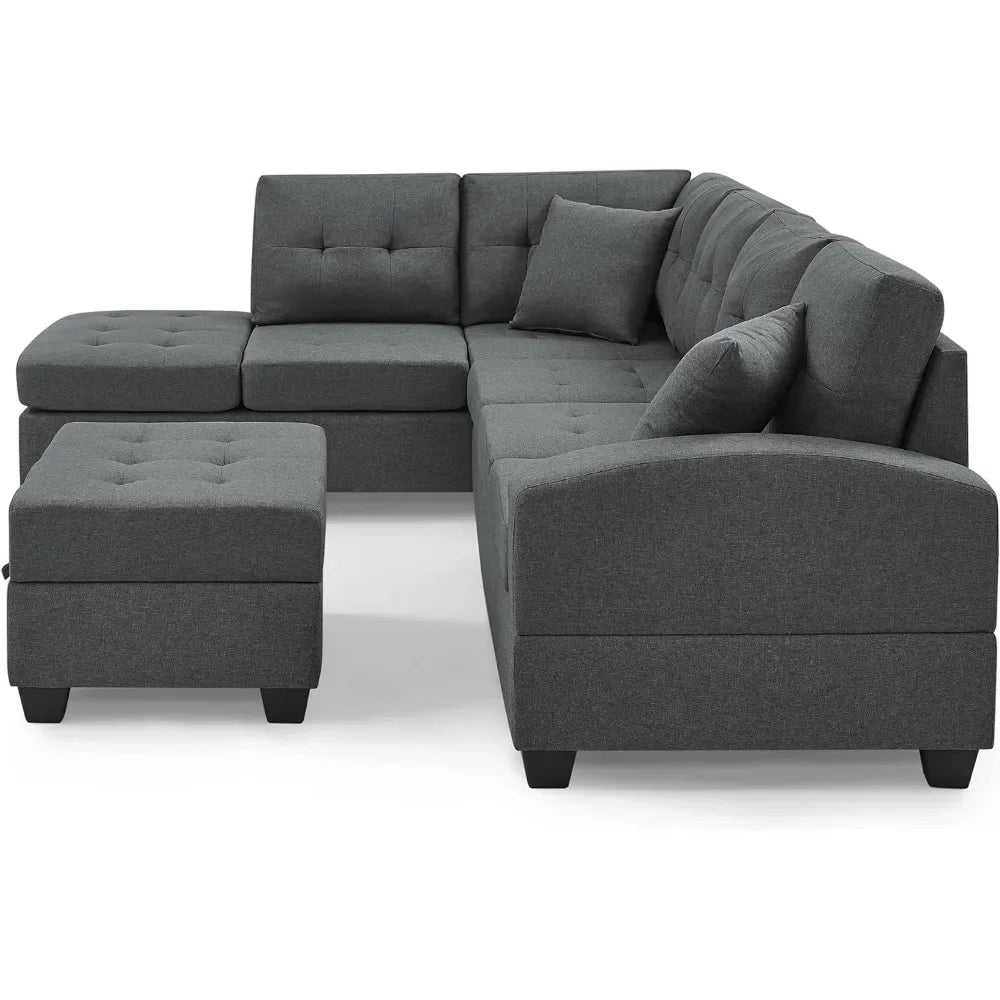 Living Room Sofa Set , L Shape Modular Storage Ottoman & Chaise, Cup Holder