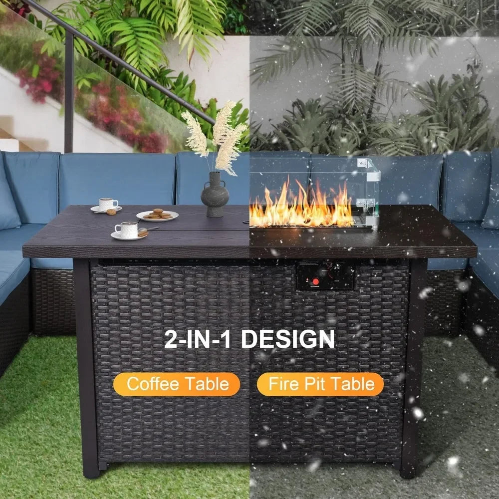 7 Piece Rattan Patio Furniture Set  with Fire Pit Table