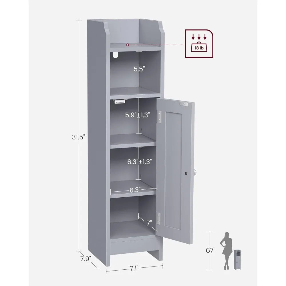 Small Bathroom Storage Corner Floor Cabinet with Door and Shelves, Bathroom Storage Organizer, Narrow Bathroom Toilet