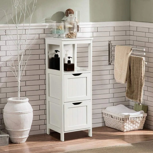 Bathroom Floor Cabinet, Wooden Storage Cabinet with 2 Drawers, White