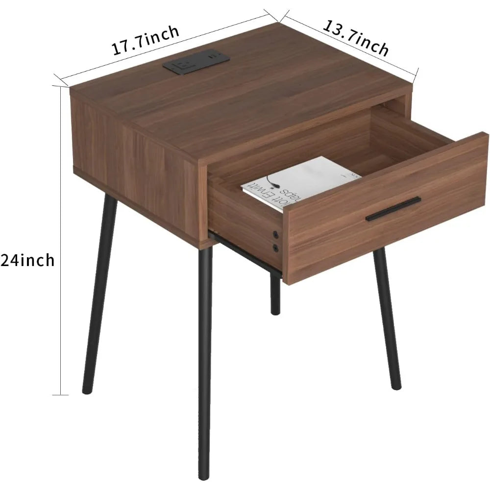 Nightstand with Charging Station, End Table Modern Side Table One Drawer