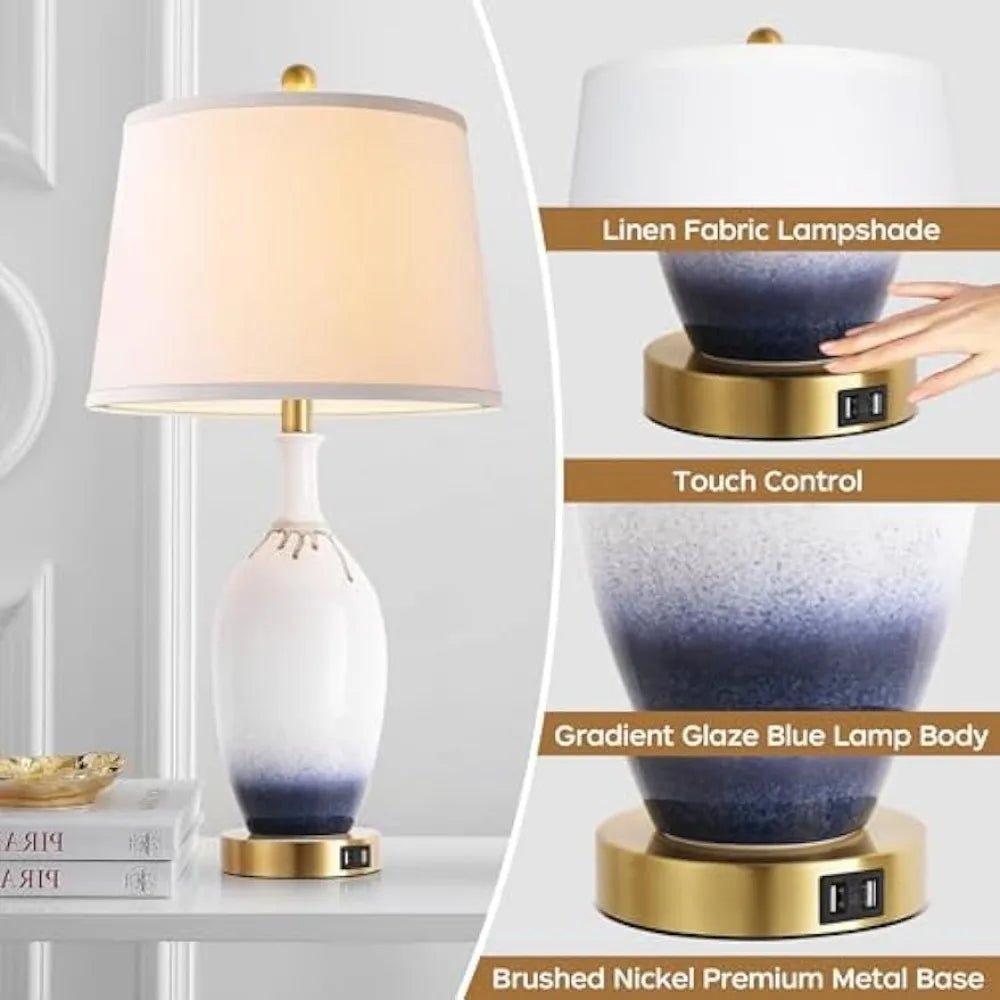 Gradient Glazed Ceramics End Table Lamp Set of 2, Touch Lamps with Dual USB Ports, (Bulb Included)