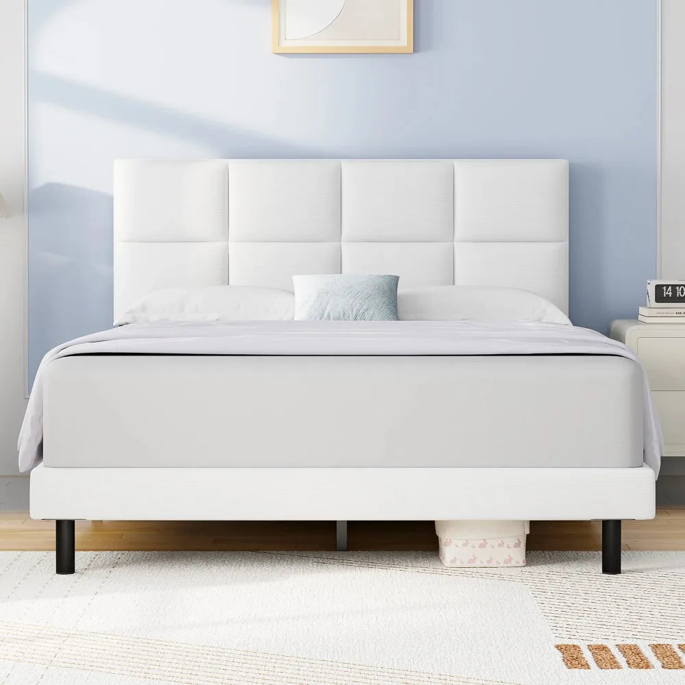 Queen Size bed Frame with Fabric Upholstered Headboard,White, Easy Assembly