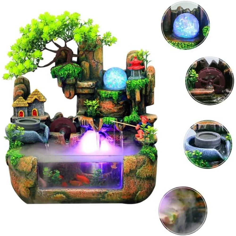 Indoor Relaxation Desktop Fountain Waterfall with Rockery, Aquariums, Atomizing Humidifier