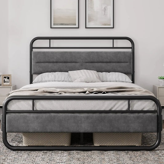 Heavy Duty Metal Bed with Curved Upholstered Headboard Queen/Full Dark Grey