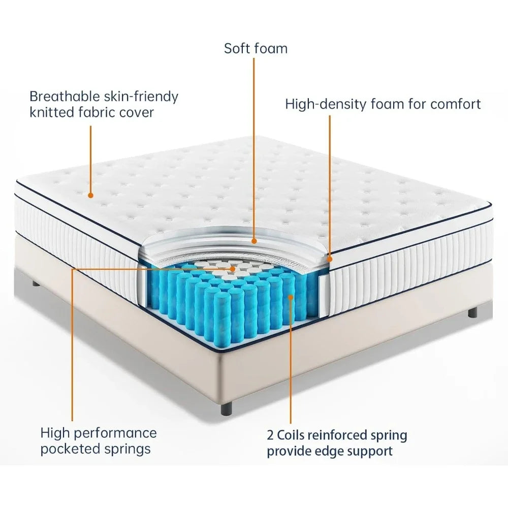 Mattresses 10/ 12 /14 Inch, Medium Firm, with Pocket Spring and Soft Foam