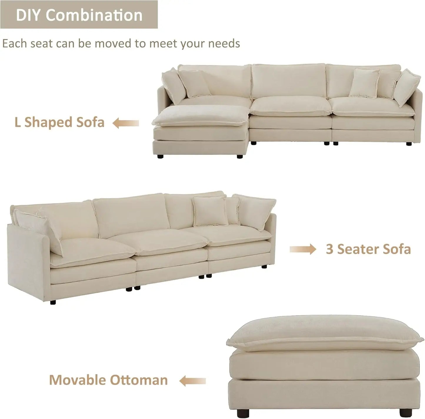 Modular Sectional Sofa, Convertible Modern L Shaped Sofa Chenille Cloud Couches Set with Ottoman