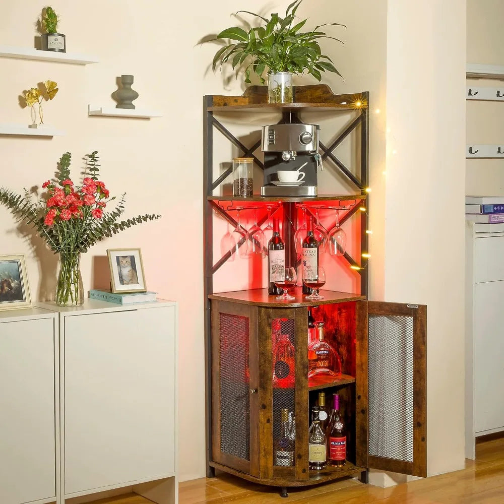 Corner Bar Wine Cabinet with  Glass Holder & LED Lights