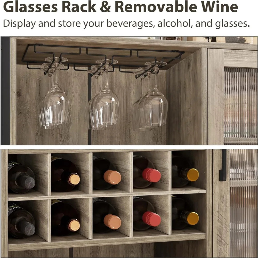 Wine Bar Cabinet with Detachable Wine Rack, with Glass Holder