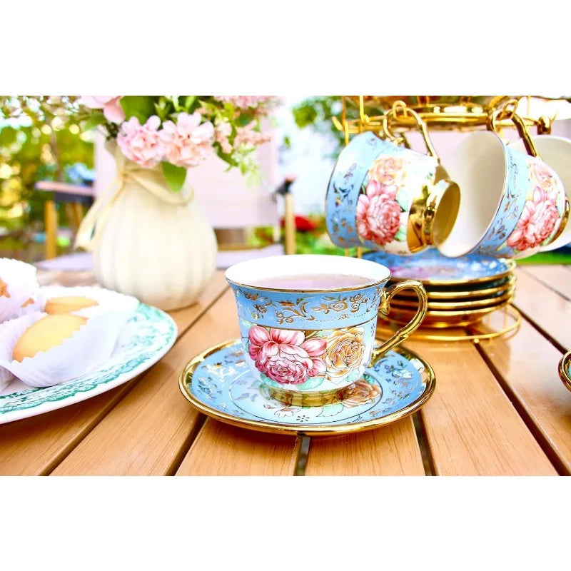 20 Pieces Porcelain Tea Set With Metal Holder, European Ceramic tea set for adults